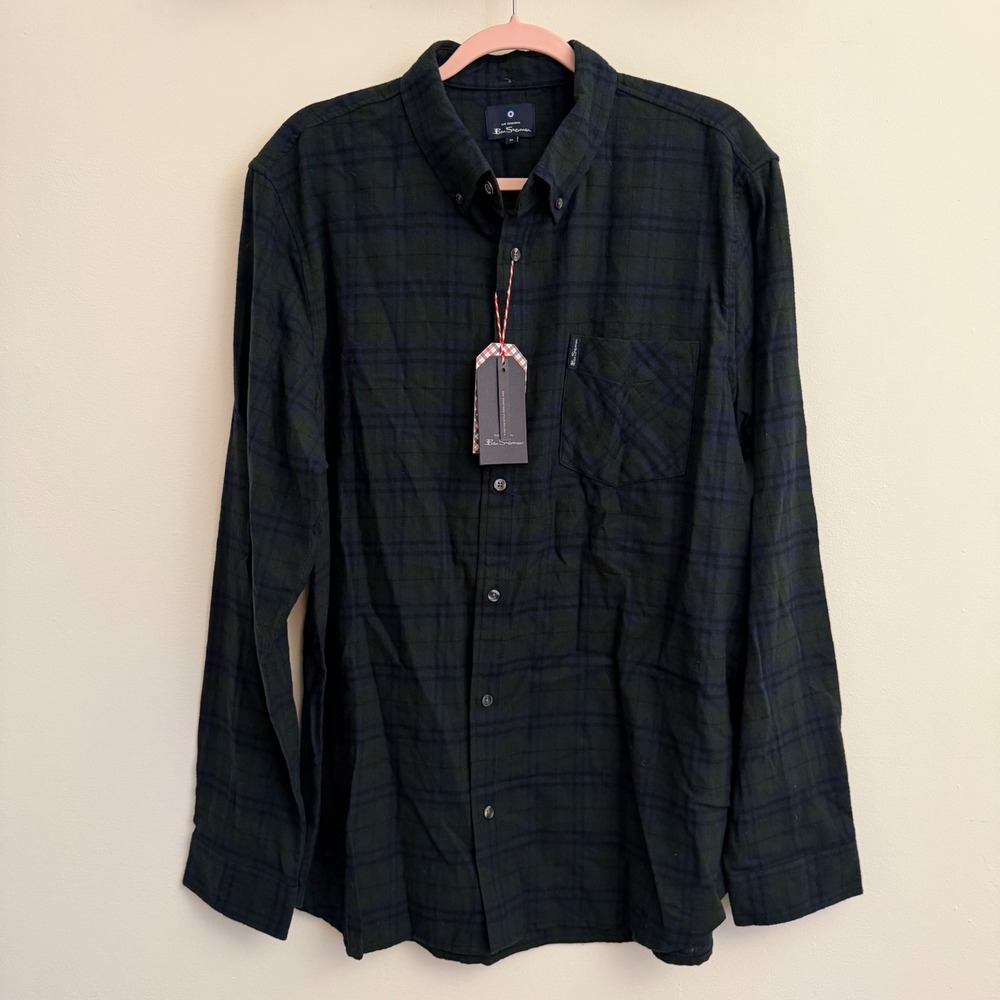 Ben Sherman Mens Spruce Green Plaid Flannel Button Down Shirt XL BS42LW282H